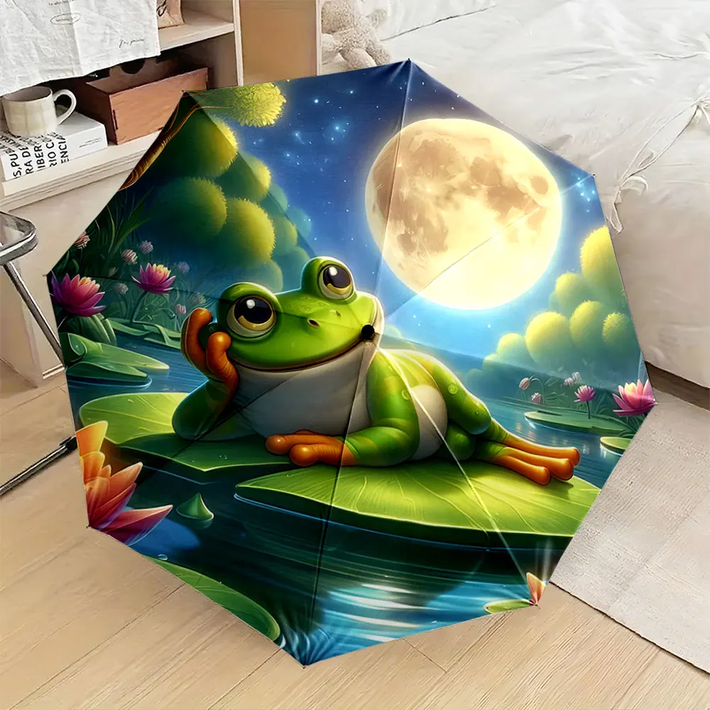 1PC Whimsical Frog on Lotus Leaf Under Moonlight Umbrella Design Print 8 Iron Ribs Folding Umbrella Auto-Open Fashion Sunshade