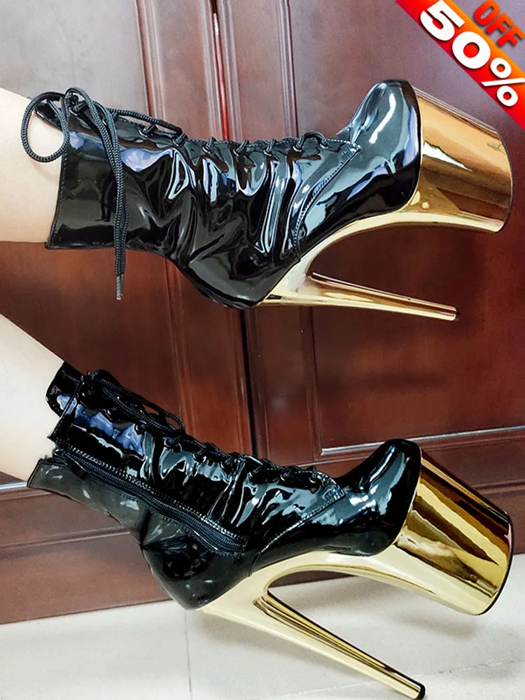 8Inches Super High Heeled Shoes Patent Leather Low Tube Short Boots 20CM Nightclub Pole Dancing Sexy Fetish Party Women Stripper