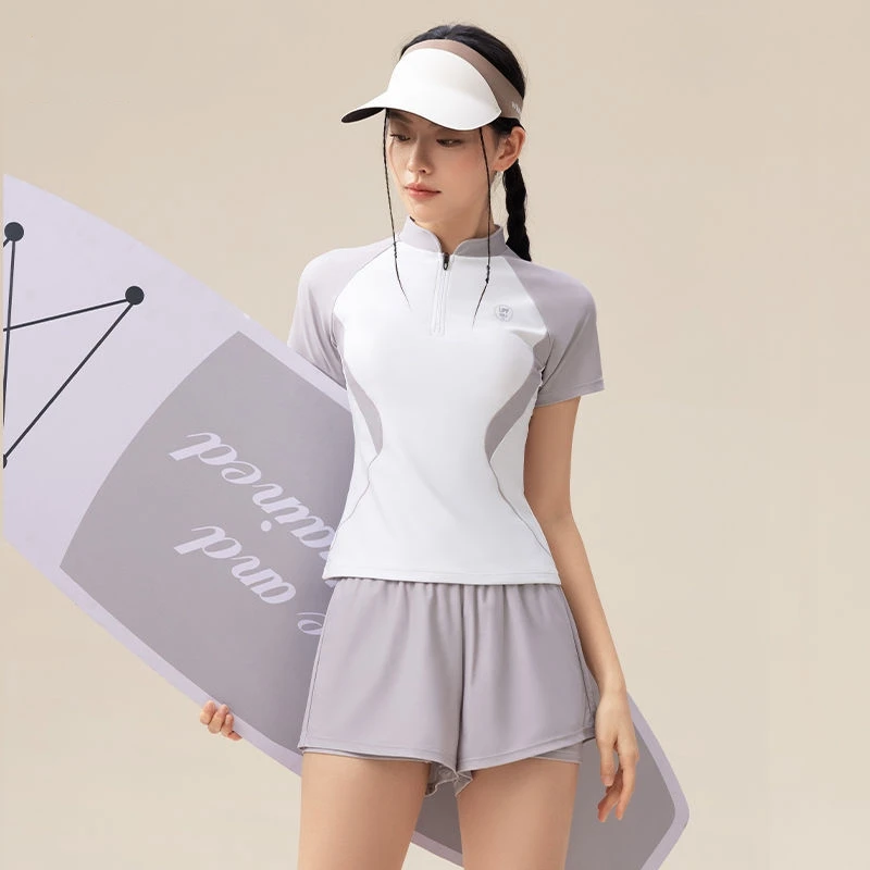 

Lady UV Protection Two Pieces WaterProof Sports Beach Swim Shirt Trunks Women Short Sleeve Quick-Dry Nylon Bathing SwimSuit