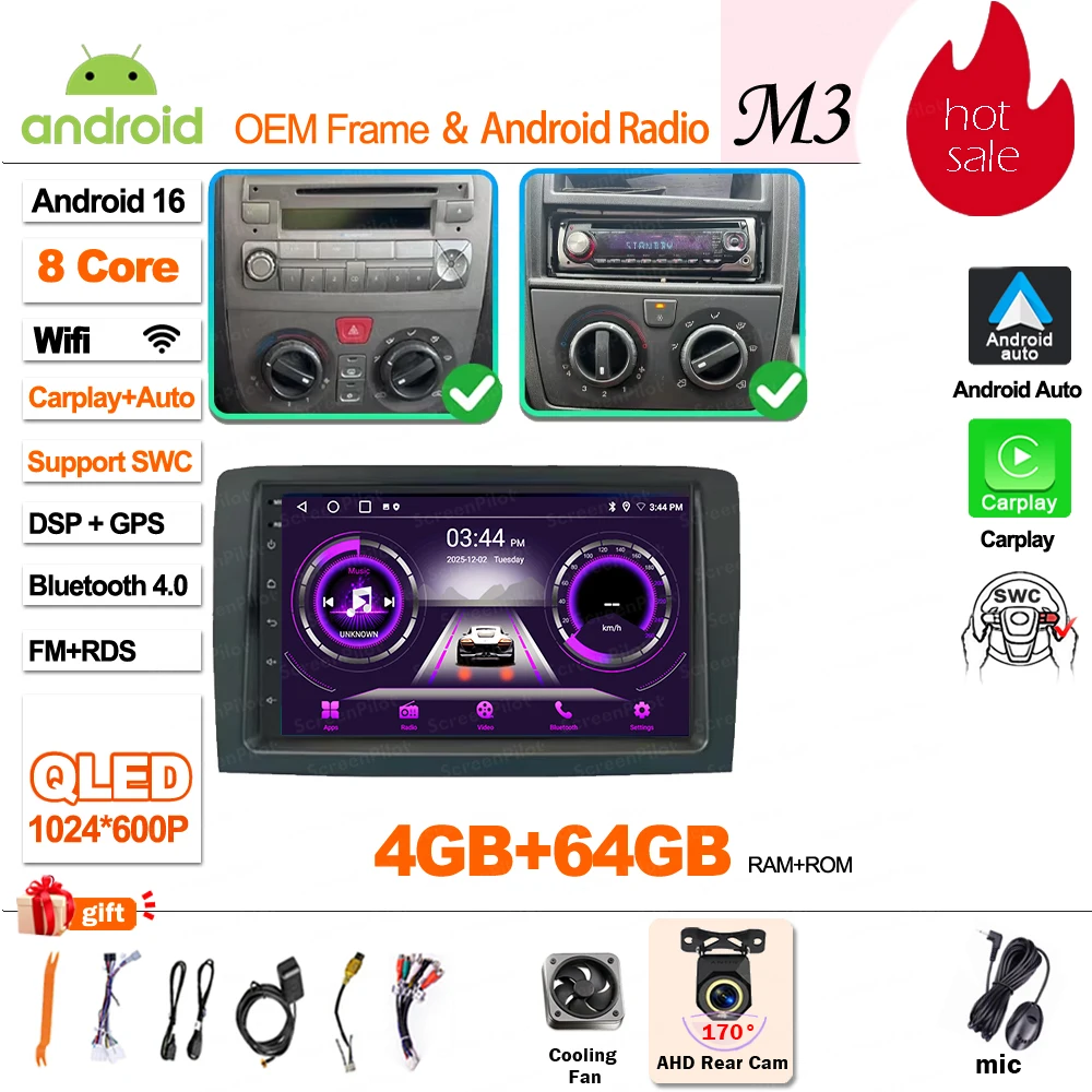 Android 16 Carplay Display Scherm GPS Navigatie Autoradio voor Fiat Idea Lancia Musa 2003 2004 2005 2006 2007 2008, geen 2din video.