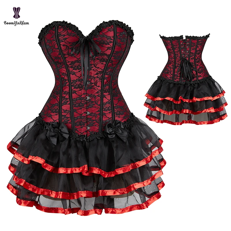 Ladies Dressing Up Suit Skinny Costume Festival Clothes Christmas Corset Dress Red Korset Women Top With Layered Skirt