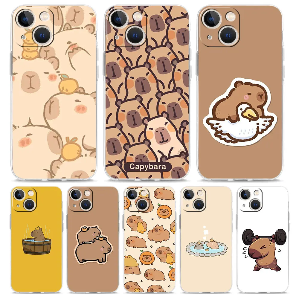 Phone Case For iPhone 16 15 14 13 12 11 Pro Max XS X XR 7 8 Plus soft TPU Clear Cover Cartoon Animal Capybara Couple Paired