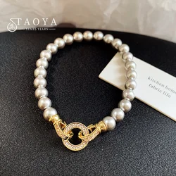 French Elegant Micro Set Zircon Round Buckle Imitation Pearl Charm Bracelets For Women's Temperament Jewelry Set New Accessories