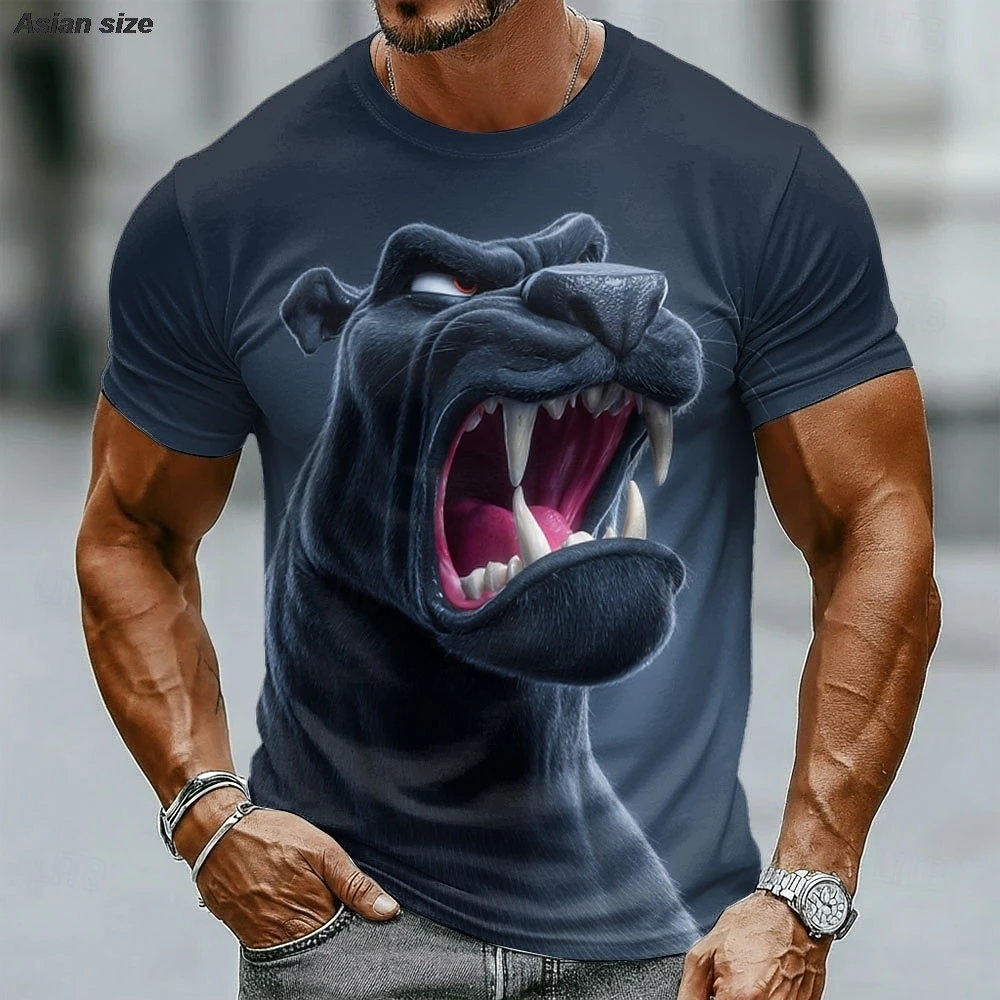 Roaring Black Panther Head Teeth Graphic Men's Realistic Animal Streetwear T Shirt Crew Neck Short Sleeve Casual Tops