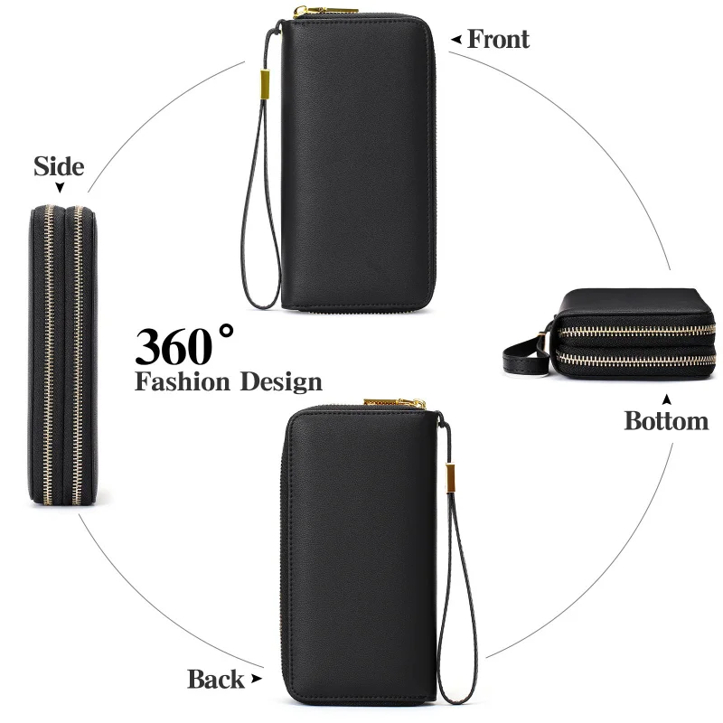 Western RIFD Blocking Long PU Multifunctional Women Wallet Cards Storage Bag Passport Bag Double Zipper Purse for Ladies