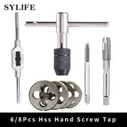 6/8Pcs Hss Hand Screw Tap Die Wrench Schroefdraad Metric Plug Tap M3 M4 M5 M6 m8 M8 M12 Met Verstelbare Tap Wrench 1/16-1/2