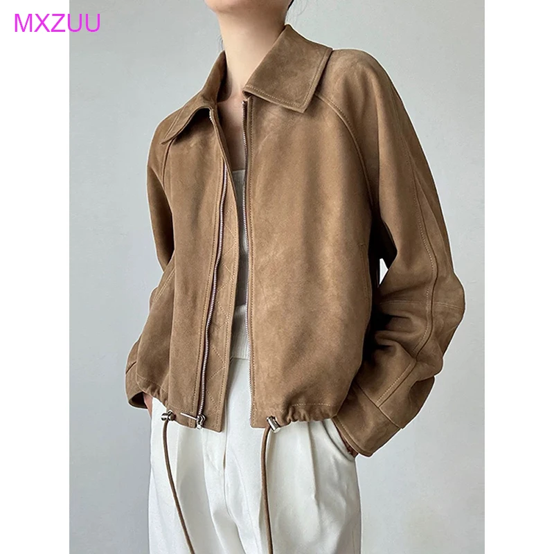 女性のスエードジャケット春秋スタイリッシュなラペル巾着カーキキッドスエードルーズカジュアルショート天然皮革コートアウターウェア