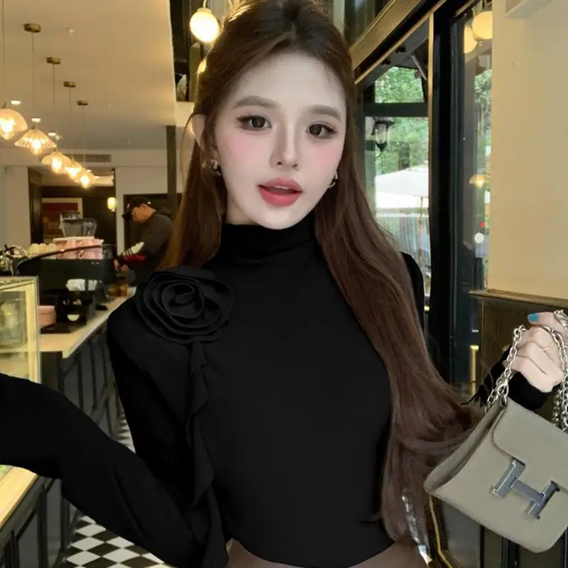 New Three-dimensional Flower Long Sleeve T-Shirt 2025 Women Autumn Winter Turtleneck Base Shirt Blouse Korean Style Bottom Shirt