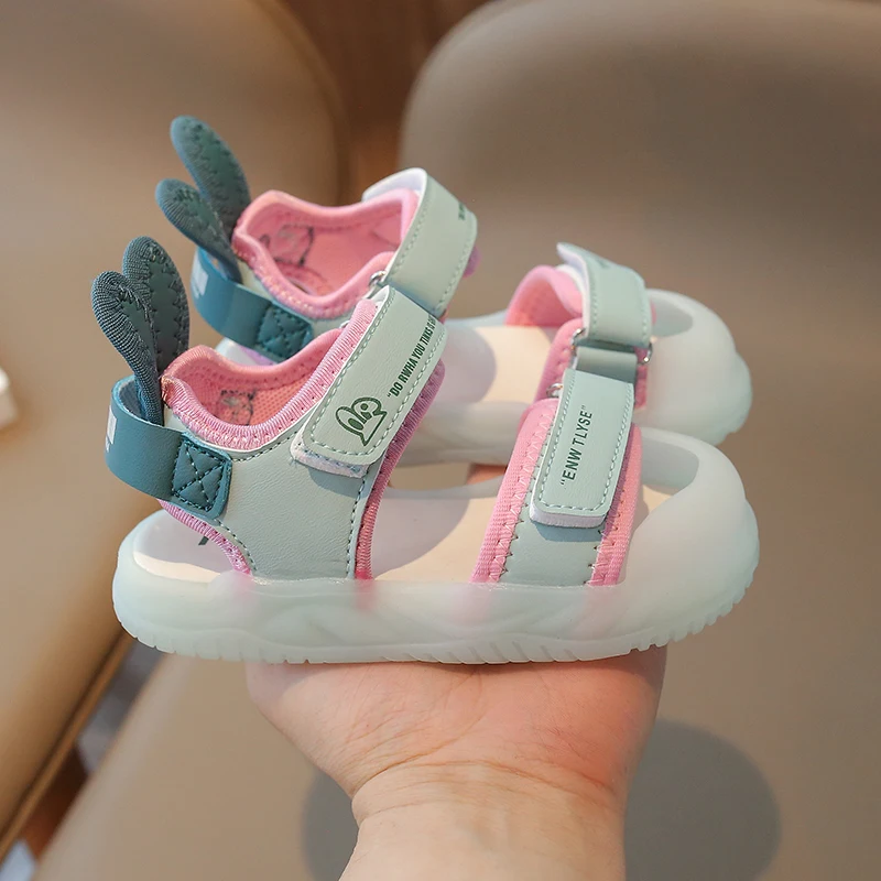 Children's Sandals 2-12 Years Old Cartoon Greenish Pink Soft Boys Girls Beach Shoes Casual Non-slip Kids Baby Sports Sandals