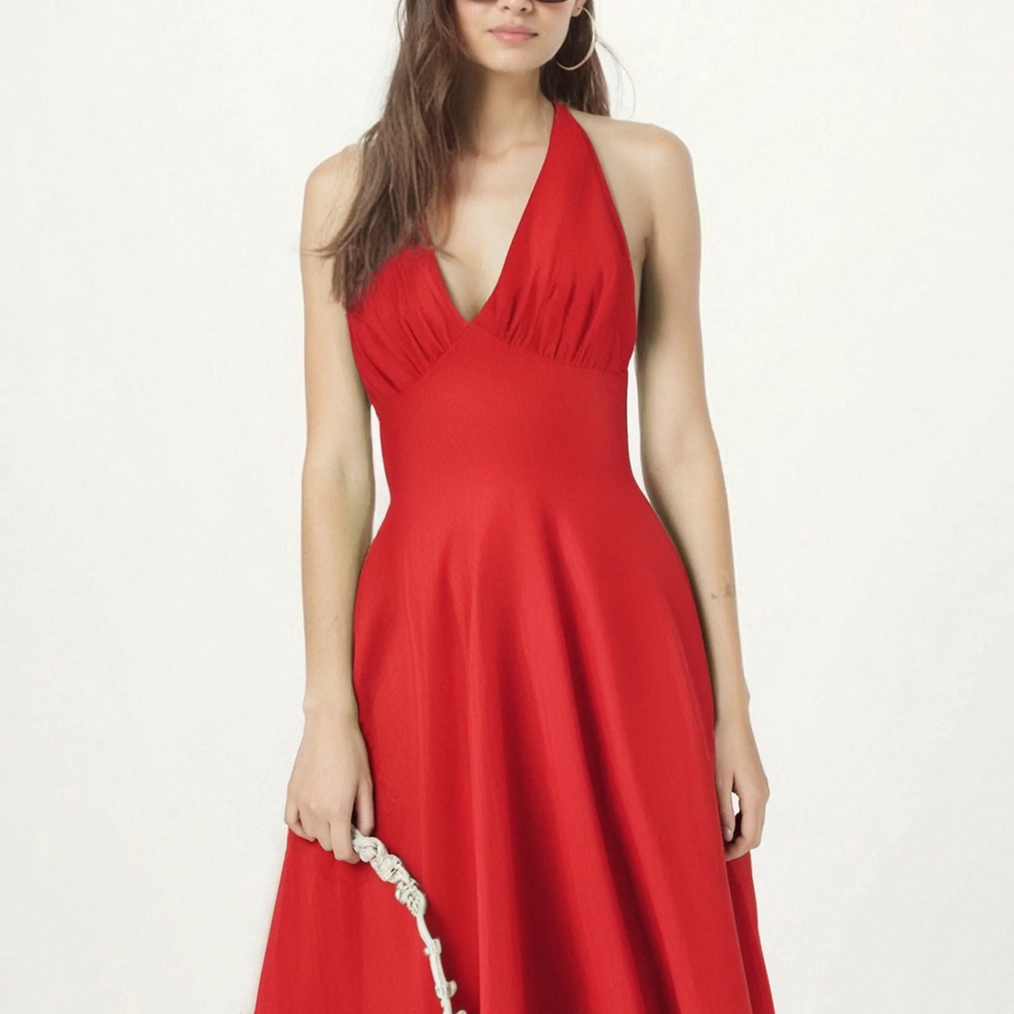 2025 Elegant Sexy Vintage Red Halter Women Dress High Waist Evening Party Prom Clothes Backless Fit and Flare Birthday Dresses