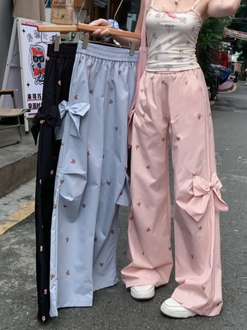 Women Baggy Bow Pants Vintage Y2k Trousers Streetwear 90s Aesthetic Korean Harajuku Parachute Pants Japanese 2000s Style Clothes