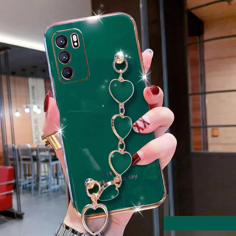 Wrist Bracelet Phone Case For OPPO A54S A54 4G 5G Case Luxury Heart Chain Plating Cover For OPPO A54S Case A 54S A54 A16 A16S