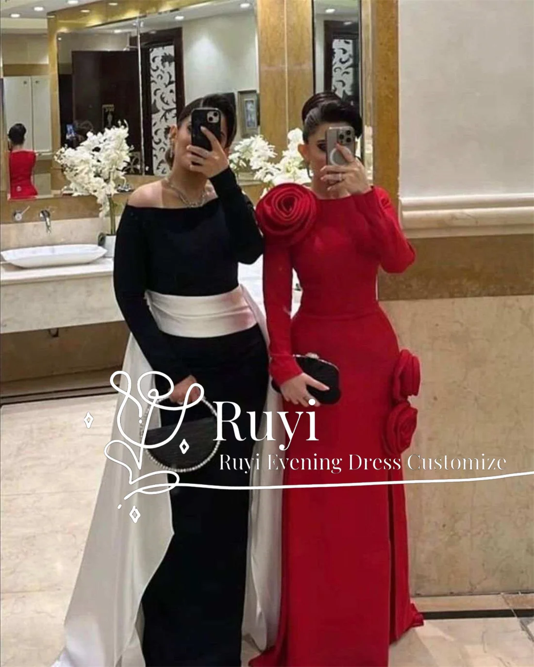 Customized Red Crepe Handmade Flower Evening Dresses For Special Occasion Side Slit Long Sleeves Formal Prom Dress