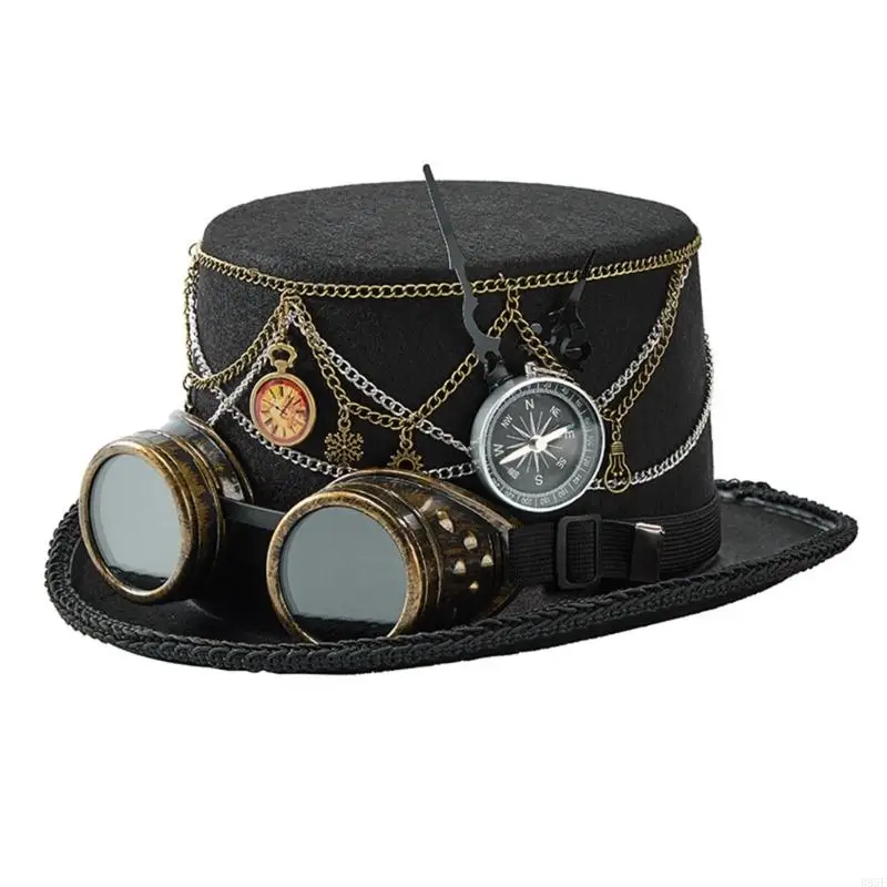 B95F Gothic Themed Metal Chain Top Hat With Goggles Steampunk Costume Celebration Accessory Mechanical Design