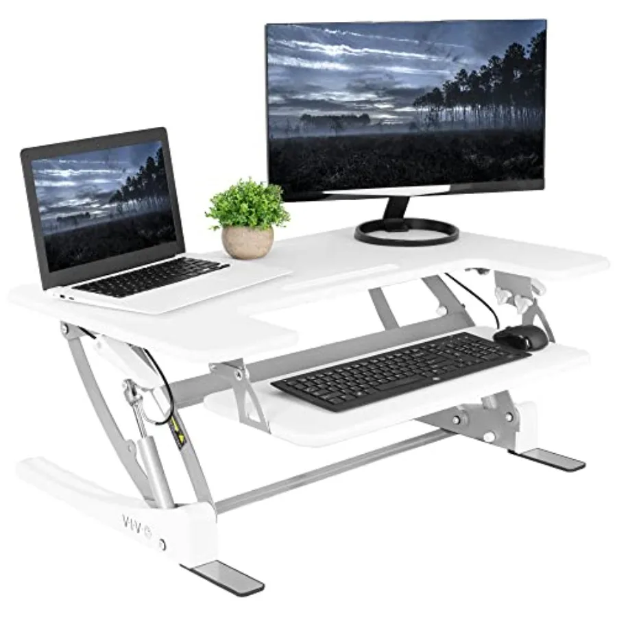 

Office height-adjustable 36-inch sit-stand desk converter in white aluminum alloy construction smooth dual-monitor riser with q