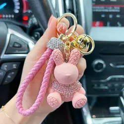 Cute cartoon diamond studded rabbit car keychain, fashionable woven rope keychain, couple bag pendant small gift