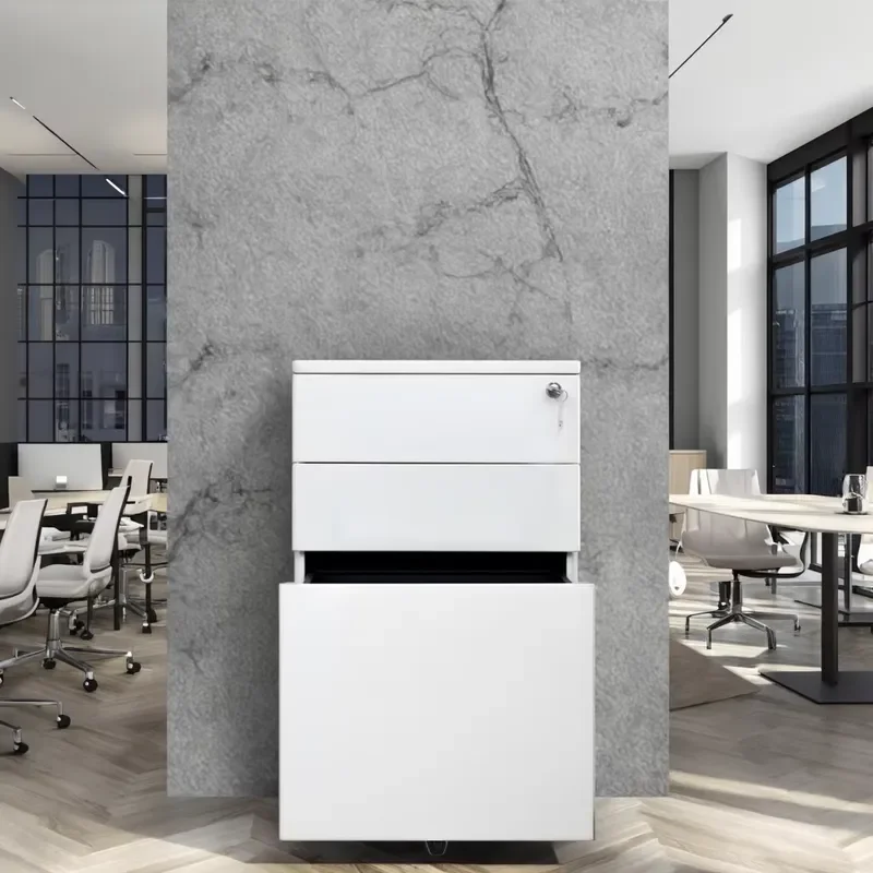 CHNSMILE OEM Modern White Office Mobile Base Cabinet 3-Drawer Central Swivel Silent Casters High Capacity Anti-Tilt