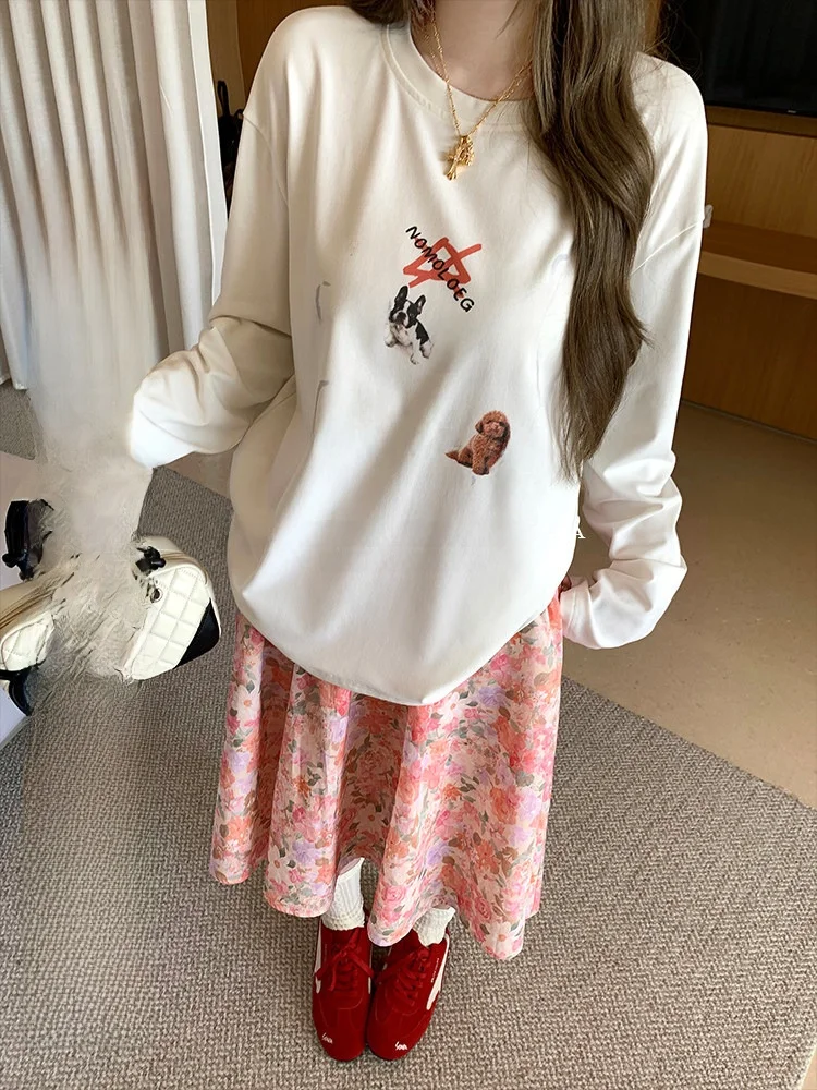 

Свободная вязаная футболка с длинным рукавом и круглым вырезом для женщин, весна-осень, белая, с принтом, повседневный топ, удобный, дышащий, женская кофта