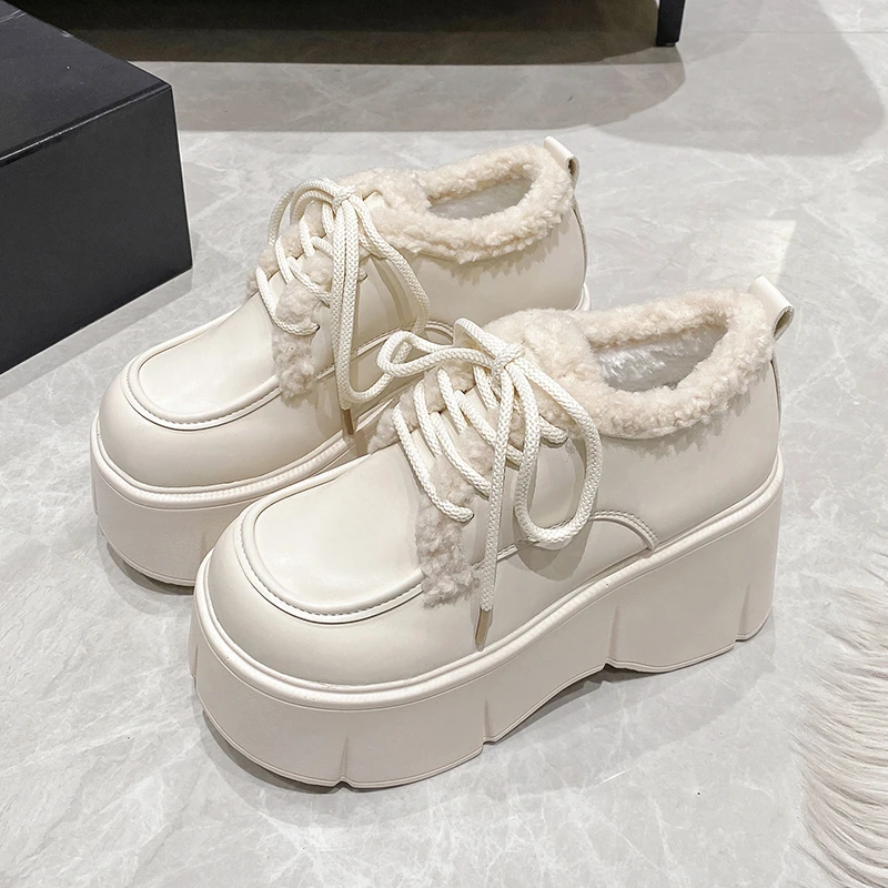 

Женские теплые зимние ботинки на меху, зимние мотоциклетные короткие ботинки из мягкой кожи, женские массивные плюшевые кроссовки на высокой платформе 9 см, Botas Mujer