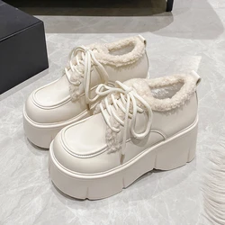 Women Warm Fur Snow Boots Winter Soft Leather Motorcycle Short Boots High Platform 9CM Ladies Chunky Plush Sneakers Botas Mujer