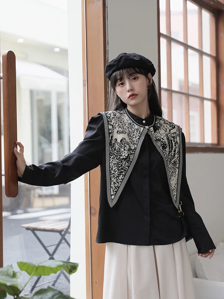 

Long Sve Women's irt Design Sensation oulder Wrap Bla Retro Sle Commute Artistic Straight Cut Patchwork Pure Color