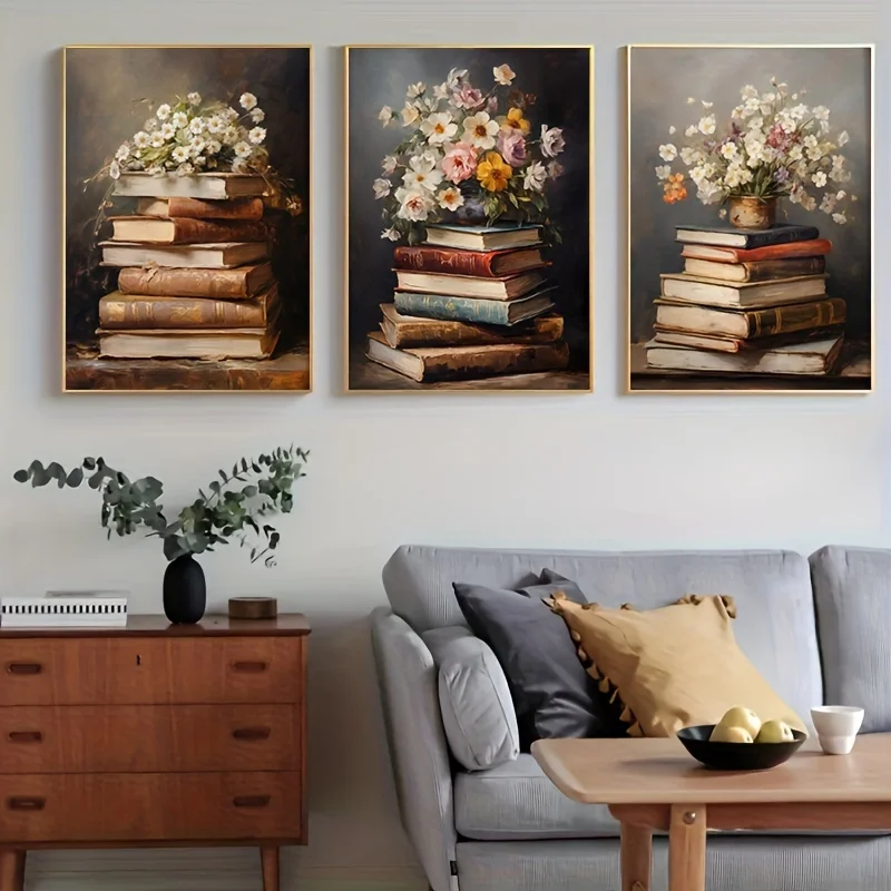 3pcs Book Stack & Floral Canvas Poster Set, Rustic Spring Wall Art, Waterproof Unframed Painting for Living Room, Office, Caf