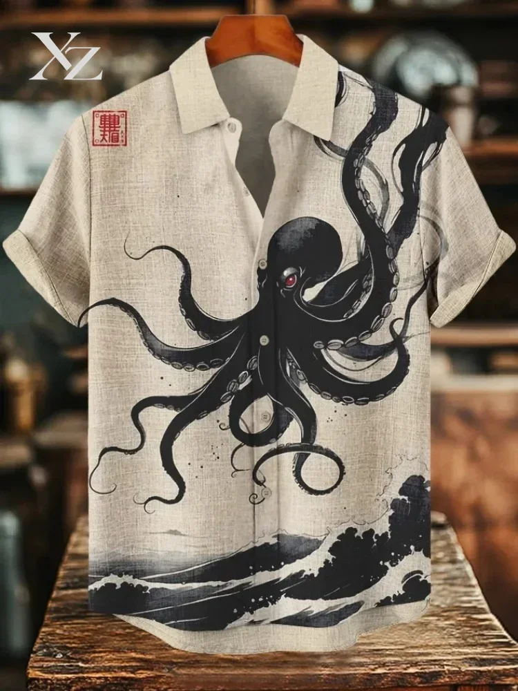 Men's Vintage Retro Black Octopus Waves Japanese Art Print Short Sleeve Lapel Collar Casual Beach Holiday Shirt Chic Tops