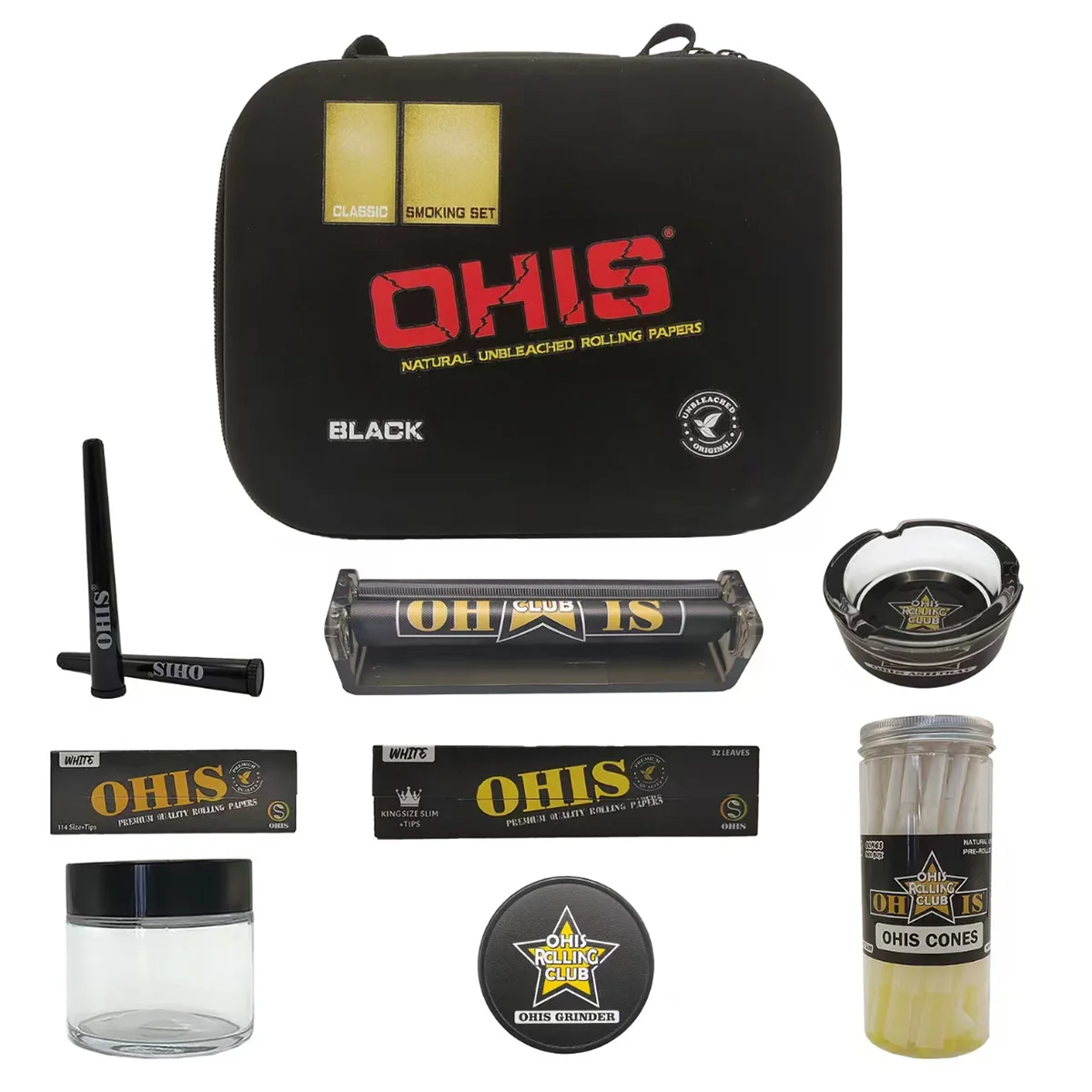 Ohis proporciona un juego de regalo de accesorios para fumar de alta gama, 10 artículos, regalo para el día de San Valentín, incluye una amoladora de 60 mm, una caja de almacenamiento de Eva, un tubo de almacenamiento, una botella de almacenamiento de tabaco, un kit de amoladora, un rodillo, un diseño de papel para requisitos particulares