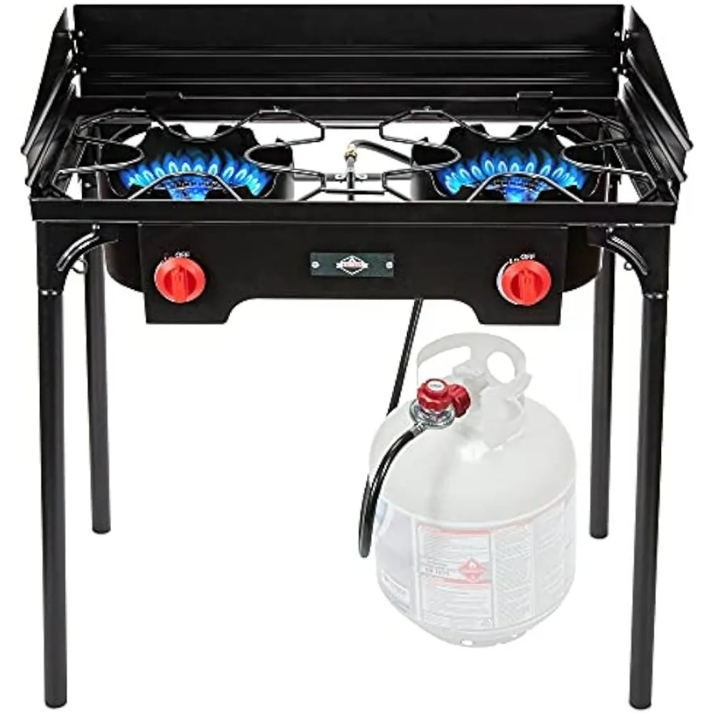 

Cast Iron Double-Burner Outdoor Gas Stove | 150,000 BTU Portable Propane Cooktop w/Blue Flame Control, Removable Legs