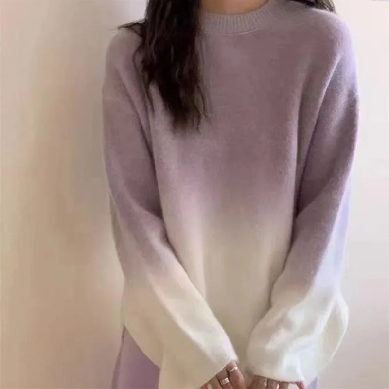 Korean Fashion Gradient Sweater Woman Pullovers Loose O Neck Knitwear Jumper Female Long Sleeve Soft Knit Women Sweater