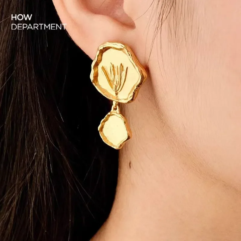 Spring and summer design earrings sterling silver gold-plated retro relief texture earrings gold high-end jewelry set women