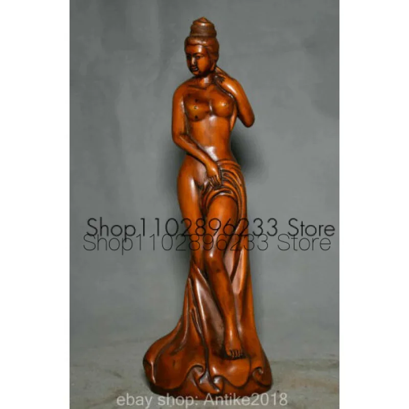 

8" Old Chinese Boxwood Wood Hand Carving Stand Naked Sexy Belle Beauty Statue