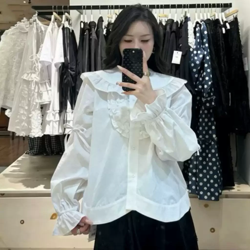 Japanese Commuter Lolita Black Shirt Spring Summer New Doll Collar Petal Ruffle Edge Drawstring Long Sleeve Top Women Shirts