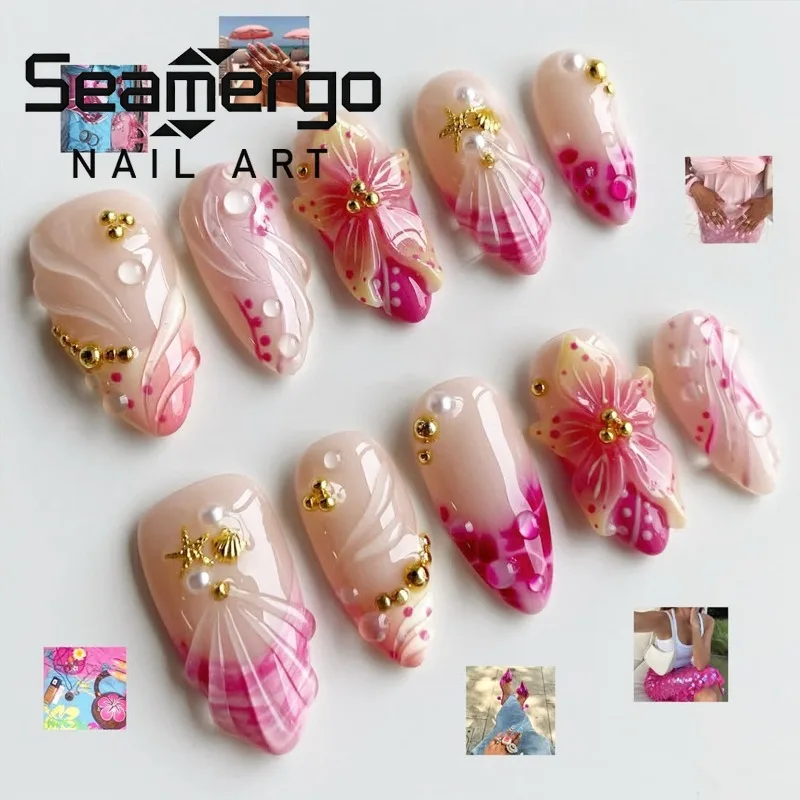 24PCS Pink Carved Flowers Almond Stick on Nails 3D Shell Golden Starfish Sweet French Fake Nails for Women Spring Summer Nails