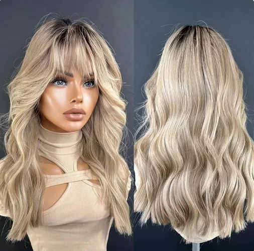 Lace Part Wigs for Women Ombre Ash Honey Blonde Colored Glueless Wigs with Bangs WEar and go 100% Natural Woman"s Wig Synthetic