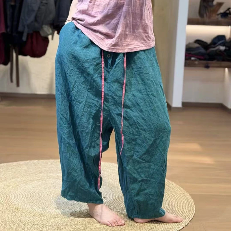 

Spring Summer Arts Style Women Elastic Waist Loose Ankle-length Pants All-matched Casual Solid Ramie Harem Pants Good Quality G1