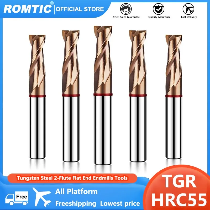 ROMTIC TGR-HRC55 1-20MM 2-Flute Nano Coating Tungsten Steel CarbideFlat End Mill For CNC Mechanical Center Milling Cutter Tools