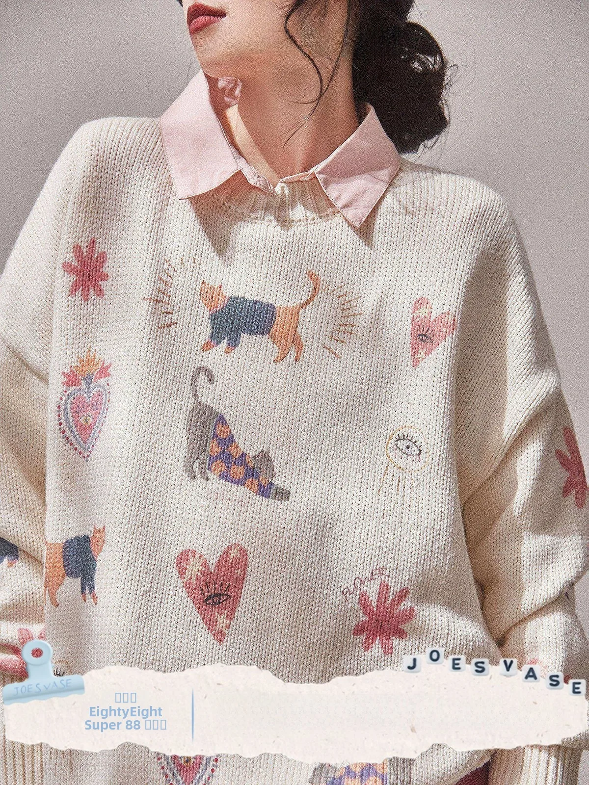 

White Knitted Print Sweater Women's Autumn New Sle Jiaohuazun LAB And Flower Heart Design Comfortable Warm Long Sve Top