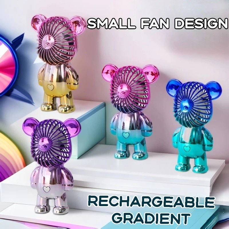 2025 popular cartoon mini violent bear small fan holding a three-speed USB portable rechargeable gradient bear fan
