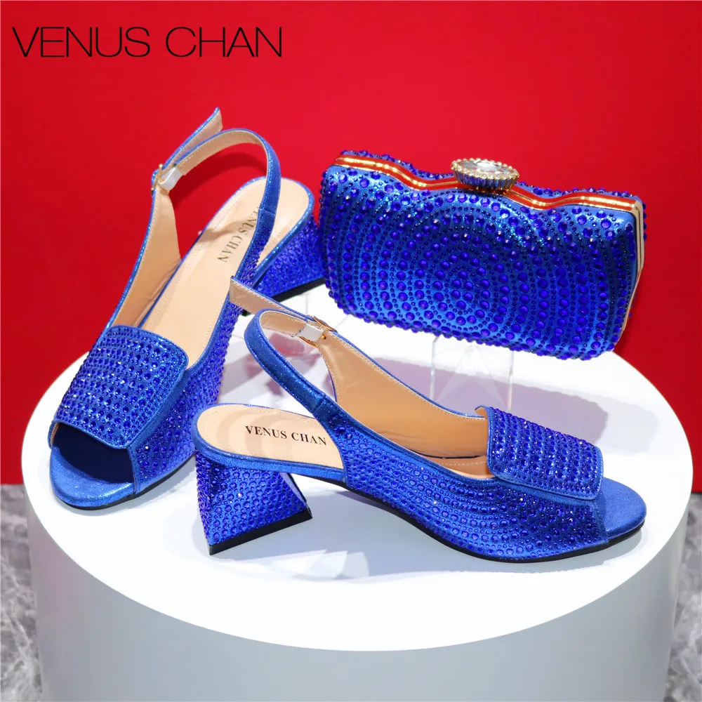 High Heels Shoes for Women Embroidery Rhinestone Italian Design Blue Color Pointed Toe Shoes and Bags Set Fashion