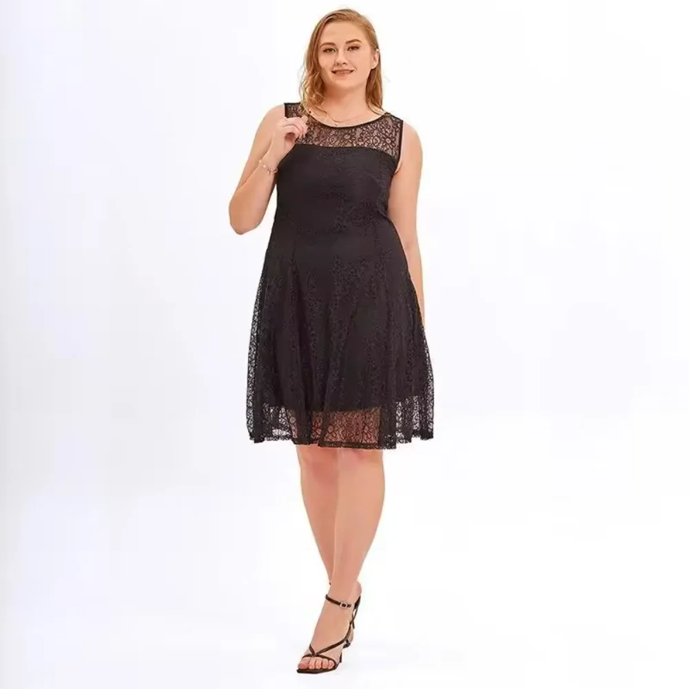 Elegant Vacation Sleeveless Lace Dress for Plus Size Ladies