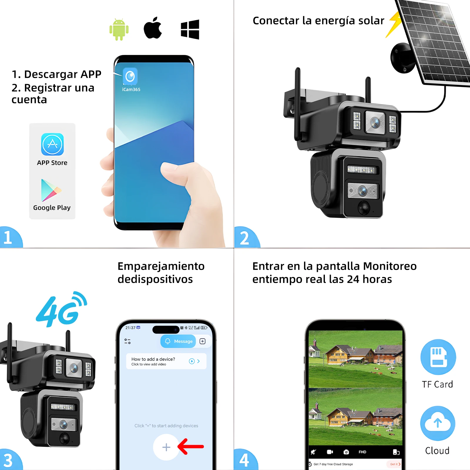 كاميرا مراقبة واي فاي خارجية: تصميم مزدوج العدسة، تعمل بالطاقة الشمسية (مع لوحة وبطارية)، مناسبة للتلفزيون الدائرة المغلقة #6