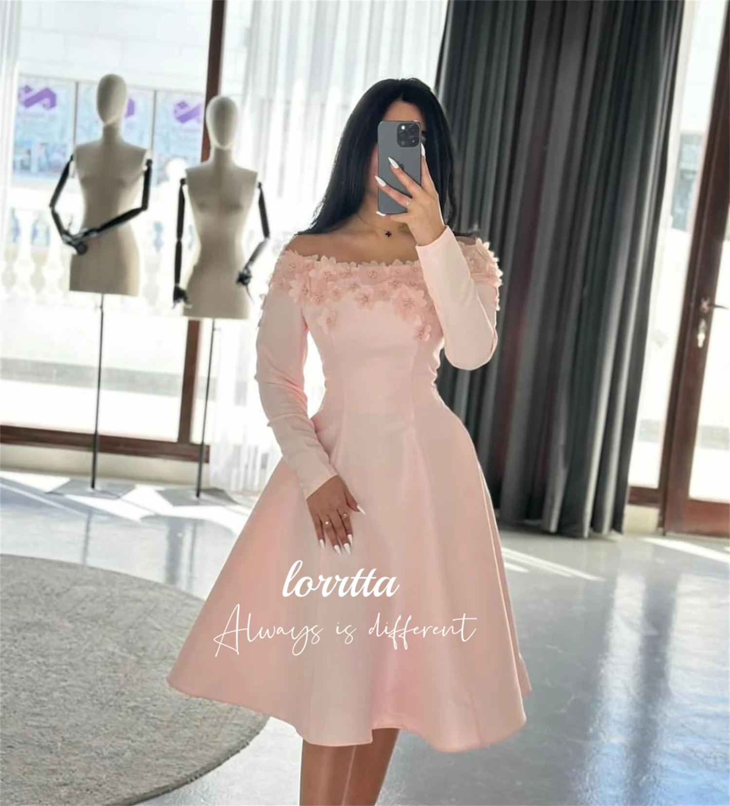 Lorrtta Flower Decoration Evening Dress Party Long Sleeves Medium Length Dresses Gala Robes De Cocktail Robe Womens Customized