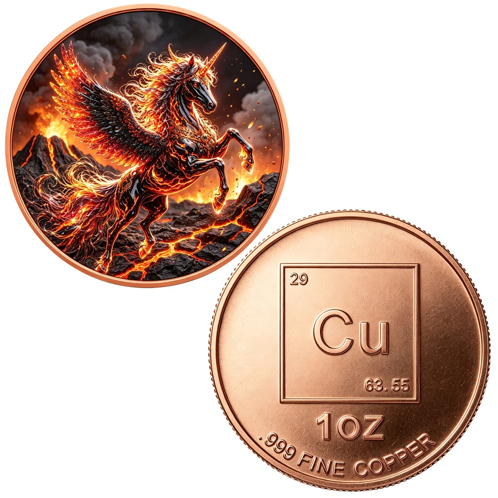 1 pièce Pièce commémorative Licorne en cuivre fin 999, avec impression artistique Cheval de feu en cuivre pur, jeton de collection, cadeaux pour les passionnés