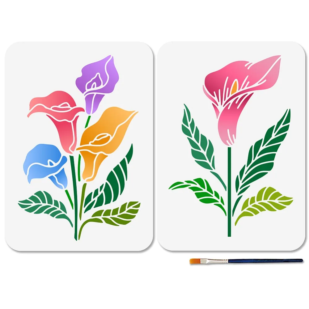 2 Pcs Calla Lily Stencil 11.7×8.3inch Reusable Flower Stencils for Painting Leaves Plants Stencil Templates with Paint Brush