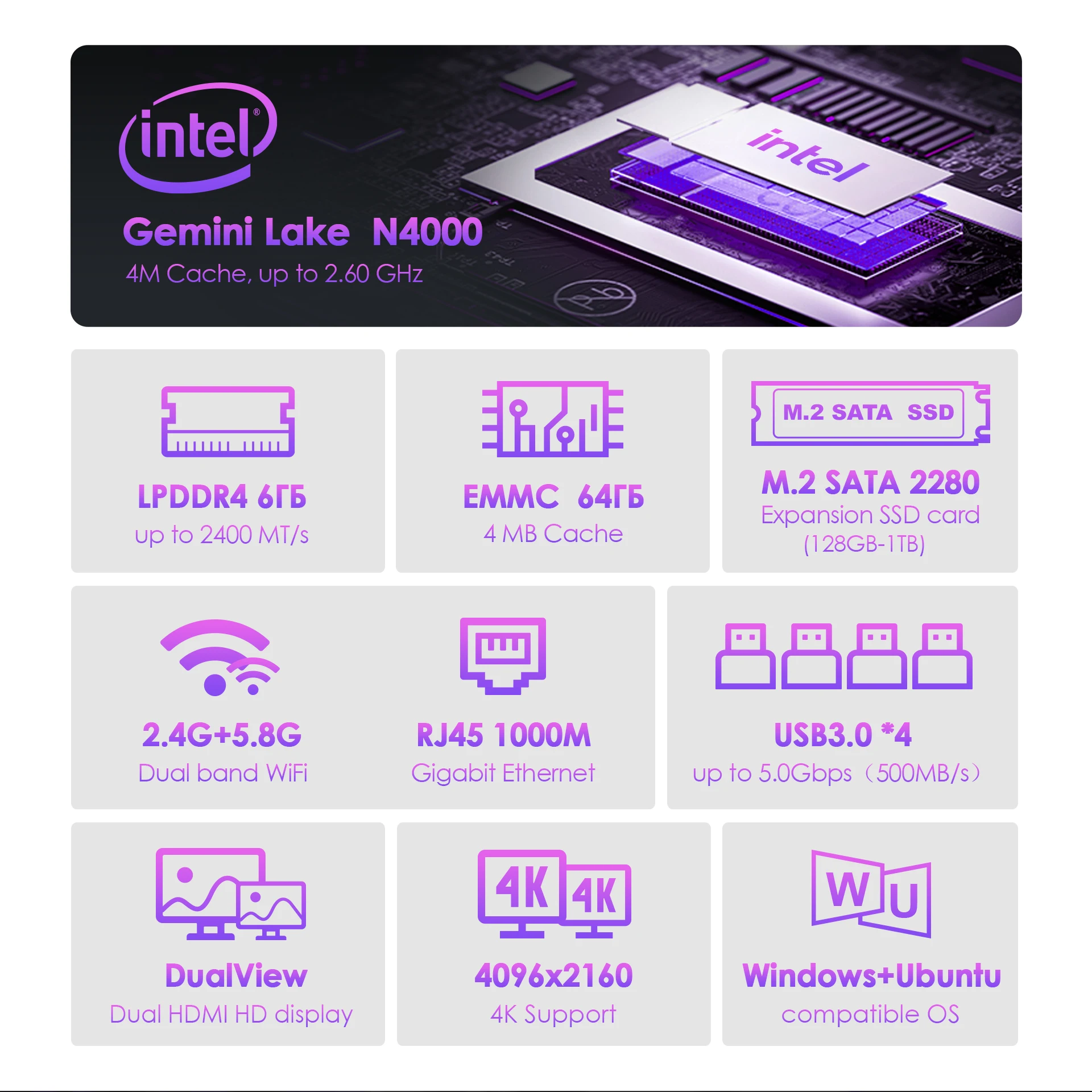 كمبيوتر مكتبي بدون مروحة صغير GXMO ، N4 ، ذاكرة رام 6 جيجابايت ، 64 جيجابايت ، M.2 SSD ، معالج Intel N4000 ، المنزل ، العمل ، الهدوء ، ويندوز 11 برو ، أسود