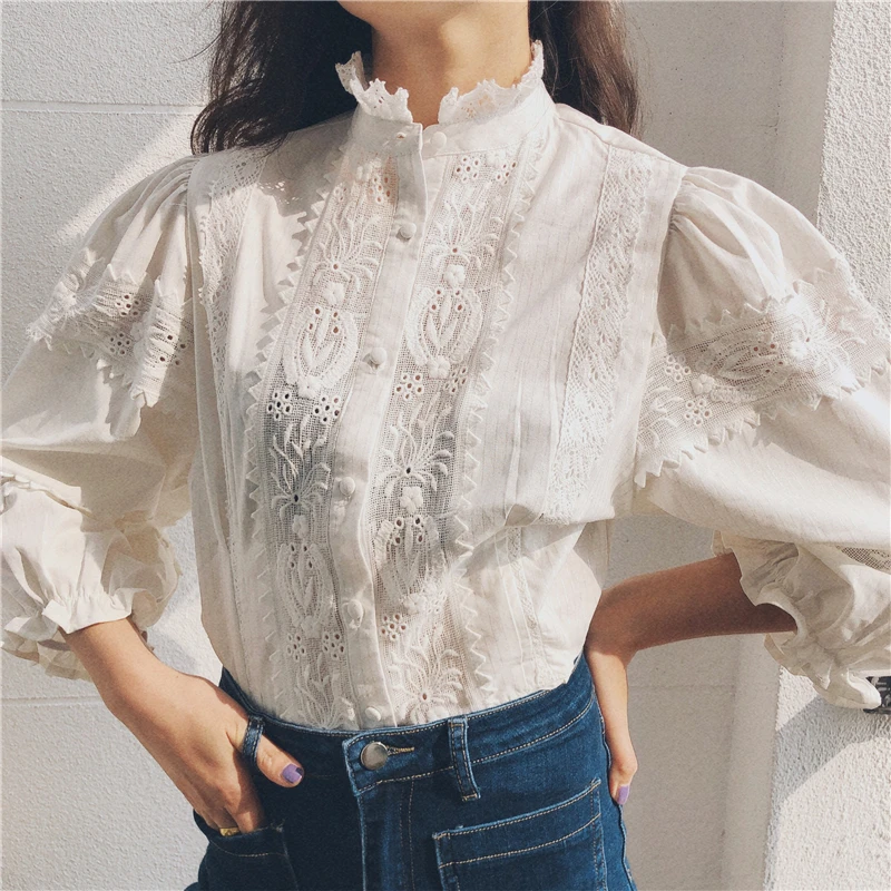 

TEELTNN Vintage Floral Embroidery Lace Blouses Shirts Women Cotton Linen Lantern Sleeve White BLouse Shirt Tops Boho Blusas 2023