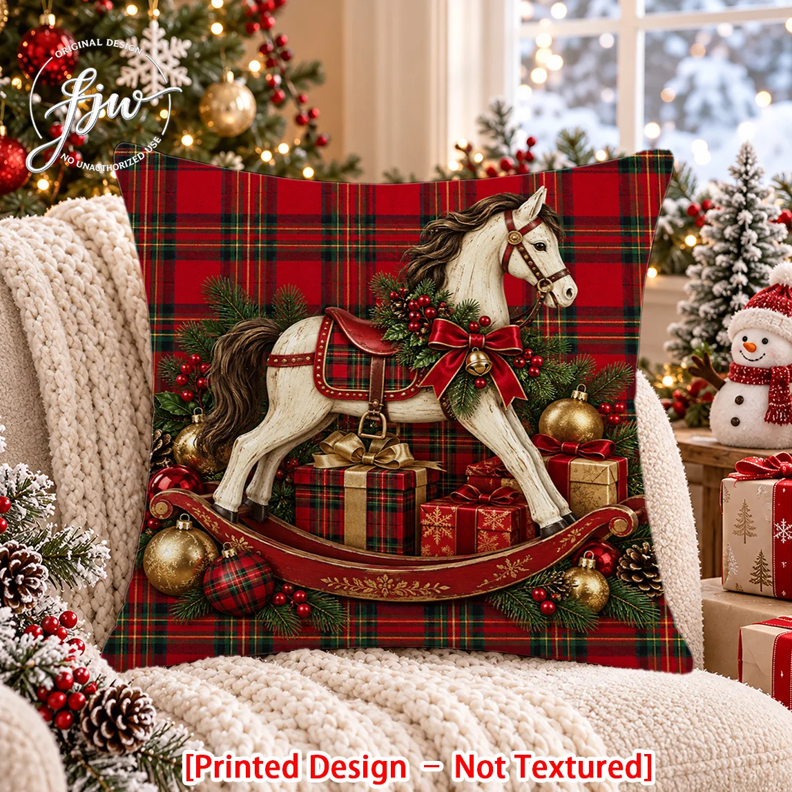 1pc Christmas Rocking Horse Double‑Sided Print Pillow Cover, Cushion Case for Sofa Bedroom, Insert Not Included, Xmas Home Decor