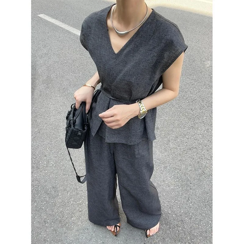 Slimming Waist Commute Outfit Set Vintage Feel Korean Drama Main Female Lead Summer Three-Quarter Sleeve T-Shirt And Pants Set