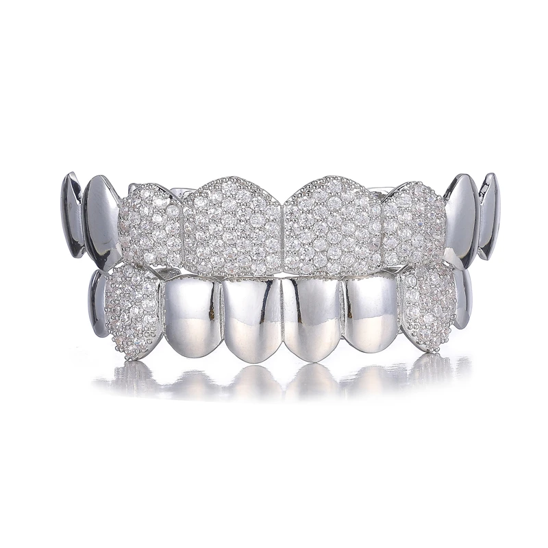 Hip Hop CZ Stones Teeth Grillz Caps Cubic Zircon Iced Out Micro Pave Top&Bottom Charm Grills For Men Women Jewelry